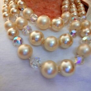Japan-style vintage 3-strand graduated faux pearl and AB crystal necklace